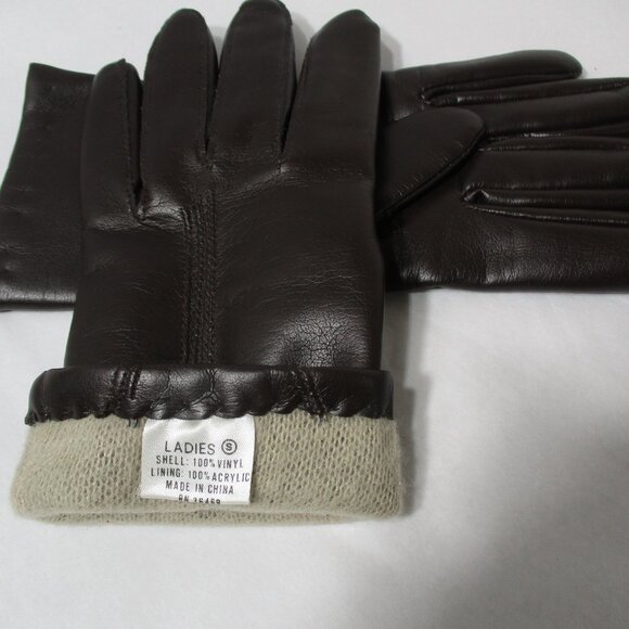 Vintage Ladies Chocolate Brown Vinyl Winter Driving Gloves Small - Picture 2 of 5